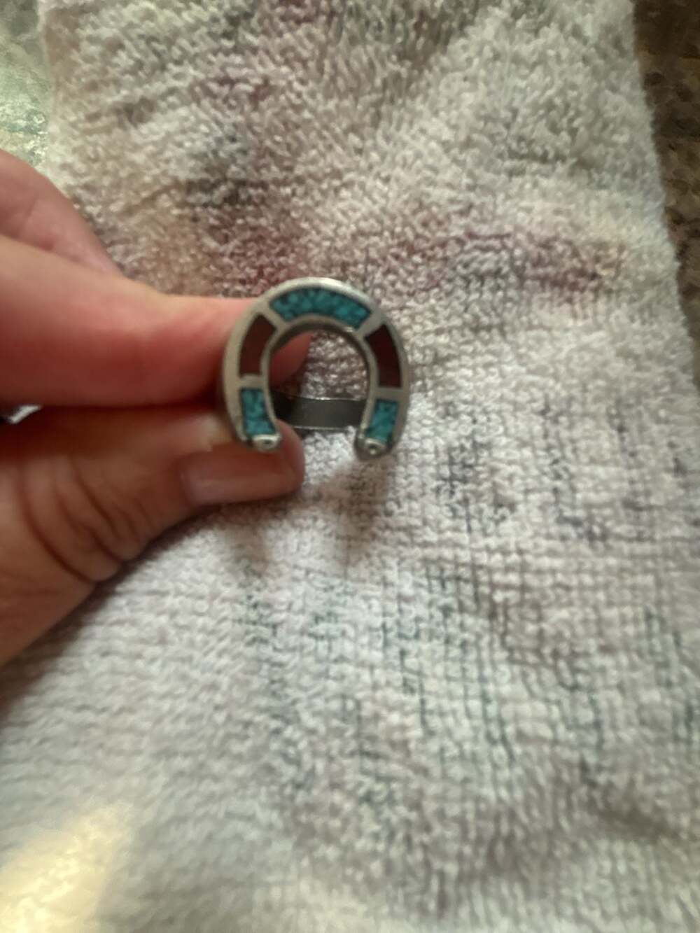Navajo Turquoise and Coral Horseshoe Ring Size 8.5